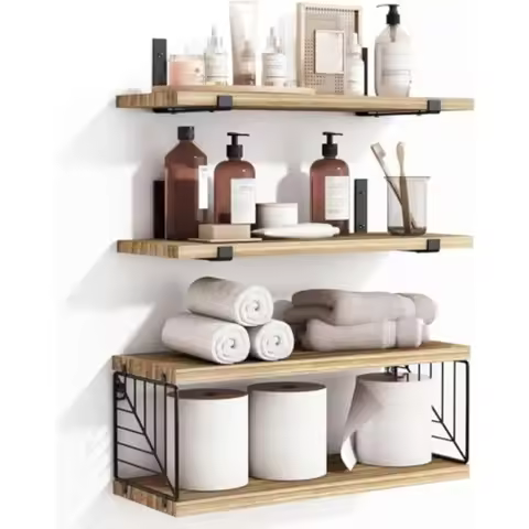 3+1 Tier Bathroom Floating Shelves Over Toilet 15.8in Farmhouse Rustic Wood Shelves for Bathroom Liv