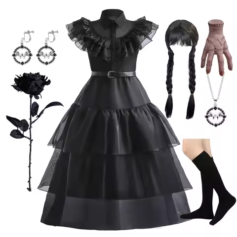 Girls Halloween Cosplay Costume Wednesdays Dress Movie Adams Family Kids Gothic Dancing Vestidos Par
