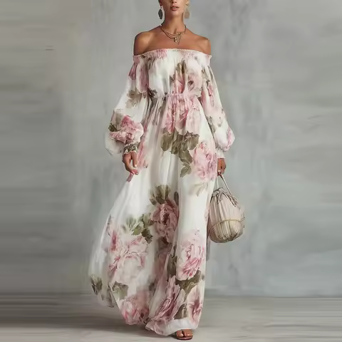 Bohemian Dress Chiffon Lantern Sleeve Swing Women's Casual Dress Fashion Off Shoulder High Waist Vac