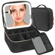 Makeup Bag with Mirror Smart LED Makeup Bag,with Mirror with Compartments Waterproof PU Leather Trav
