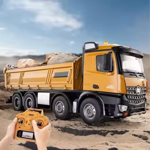 1:14 Scale RC Dump Truck 4WD 2.4GHz with Trailer 12CH Construction Vehicle in Red with Light and Sou