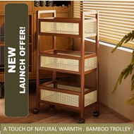 3 Tier Bamboo Trolley Movable Trolley Natural