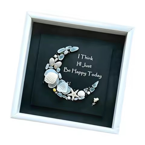 I Think I'll Just Be Happy Today Beach Shadow Box with Framed Crescent Moon Art Unique Item Handmade