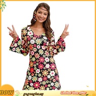 Hippie Costume 60s 70s Women Disco Dress Halloween Boho Flared Hippie Dress with Headband