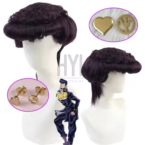 Anime JOJO Josuke Higashikata Cosplay Wig Purple Short Synthetic Hair Earrings For Women Men Hallowe