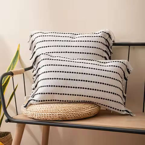 Cotton cushion cover with tassels for home decoration, pillow cover, black white color, for sofa and