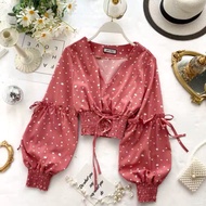 V collar polka dot bishop sleeve crop blouse