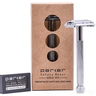 Parker 29L Chrome, Long Handle Butterfly Open Double Edge Safety Razor for Men & Women, 5 Parker Pre