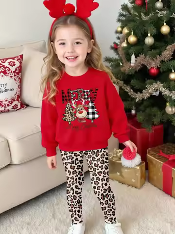 Children's Set Reindeer And Christmas Tree Print Round Neck Sweater With Leopard Print Pants Casual 