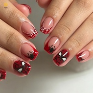 Halloween Spider Web French Edge Fake Nails - Reusable Wearable Red Spider-M Print