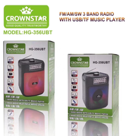 CROWNSTAR HG-356UBT Rechargeable BLuetooth Speaker FM/AM/SW 3 band Radio With Phone Holder Stand Radio