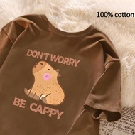 【220G 100%Cotton】SISI Korean retro Capybara Print oversized casual brown T-shirt for women top C677