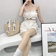 全新 木耳邊雪紡細肩小背心套裝 BRA TOP 含胸墊 小可愛 套裝  細肩荷葉邊背心套裝 西裝褲 氣質套裝