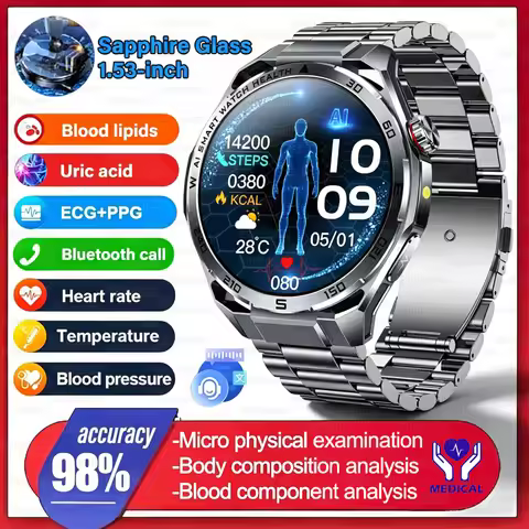 2026 New AI ECG+PPG Smart Watch Men 1.53''AMOLED Micro-Physical Exam Uric Acid Blood Lipid BP Monito