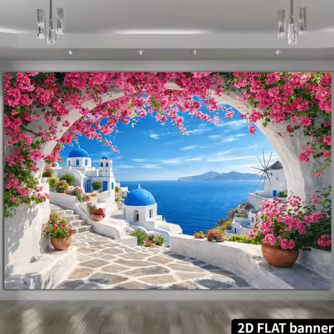 Mediterranean Greek Santorini Wall Tapestry Blue Dome Aegean Island Mural BohoFloral Tropical Bougai