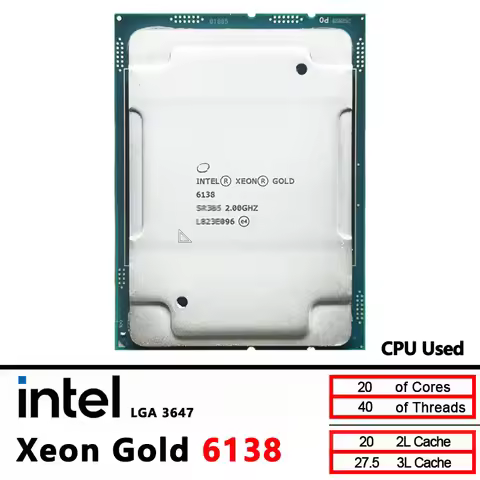 Intel Xeon Gold 6138 Used 2.0GHz 27.5MB Smart Cache 20-Cores 40-Thread 125W LGA3647 CPU processor