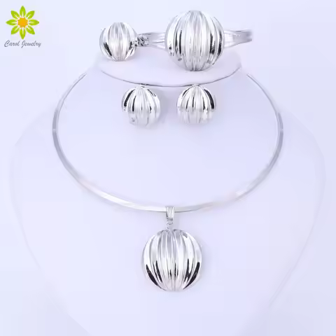 Dubai Jewelry Set Ball Pendant Necklace Earrings Bracelet Ring Silver Color Jewelry Set Women's Wedd