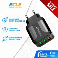 PROMO ECLE Adaptor Charger Fast Charging LED 3 USB Port Black/Hitam