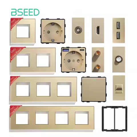 BSEED TV ST CAT5/6 RJ45/11 Double USB Type-c EU Socket Parts Crystal Glass Frames Mechanical Light S