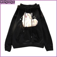 Fall Winter Women Hoodie Drawstring Elastic Cuff Thick Cat Embroidery Fleece Oversize Patch Pocket L