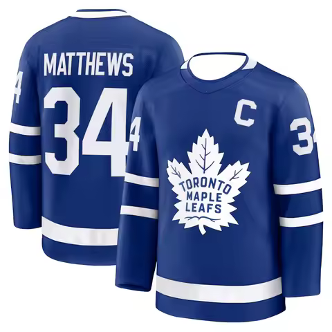 Hockey Jersey - Blue with White Accents "Matthews 34" Captain "C" Classic Maple Leaf Logo Athletic J
