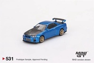 Mini GT 1:64 Nissan Skyline GTR R34 bí mật hàng đầu bayside màu xanh rhd mô hình đúc khuôn xe