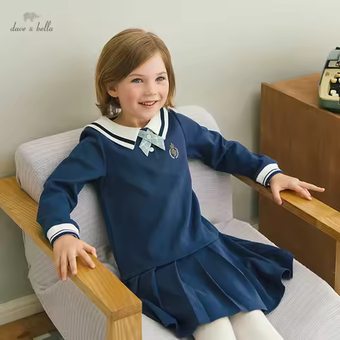 DK3222273 Dave Bella Autumn Girl's 5Y-13Y Fashion Solid Draped Boutique Dress Children Sweet Dress K