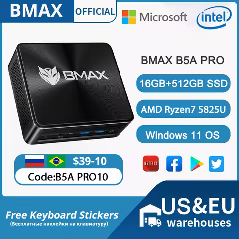BMAX B5APRO Mini PC AMD Ryzen7 5825U 8 Cores Processor Up to 4.5GHz 16GB DDR4 RAM 512GB NVMe SSD 2.4