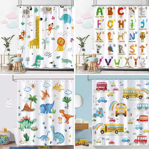 Cartoon Animal Alphabet Shower Curtain Kids ABC Educational Learning Tools Baby Girls Boys Colourful