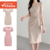 B80-FEB24-C-1-Asymmetrical Pleated Puff Sleeve Dress-DRB80ED304  B80-FEB24-C-1-Gaun Lengan Puff deng