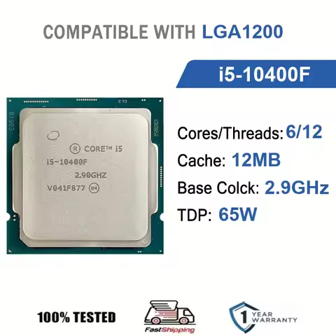Intel Core i5-10400F 6 Core 12 Thread 2.9GHz 65W 12MB Cache 14nm LGA1200 SRH3D / SRH79 DDR4 2666 MHz