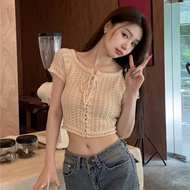 Korean Cut-out Lace-up Thin Knit Crop Top Women's Plain Slim Short-sleeved T-shirt