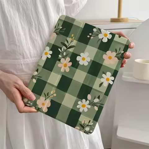 New green checkered flower iPad protective case, suitable for Apple iPad Pro 2024 11 inch 2025 Air 5