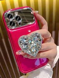 粉色1入韓國電鍍玫瑰紅大窗口手機殼,適用於 Iphone 13 15 Pro Max 14 Pro 12 11,鑽石心鏡子支架保護殼