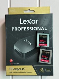 SanDisk Extreme Pro CFexpress Type B (two cards) and Lexar Card Reader USB 3.2 Gen (one unit)