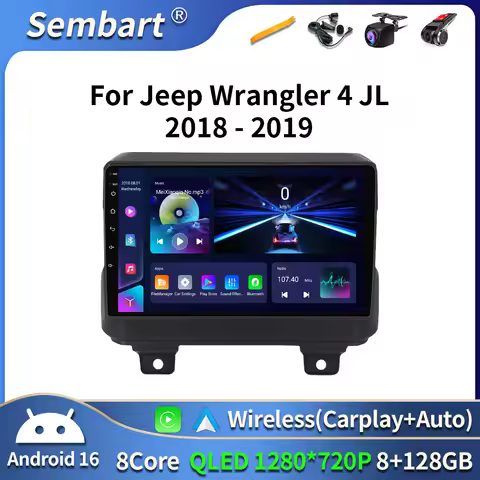 Android 16 Car Radio For Jeep Wrangler 4 JL 2018 - 2019 4G WIFI Qualcomm DVD QLED GPS Navigation Hea