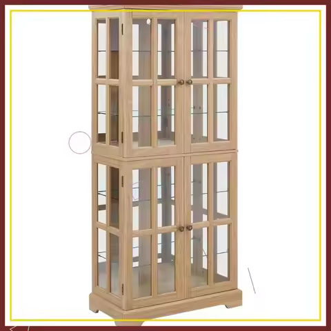 Lighted Glass Curio Cabinet with Adjustable Shelves, Wood Frame Display Case for Living Room Kitchen
