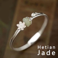 925 Silver Natural Hetian Jade Opening Lotus Seedpod Bangle For Women
