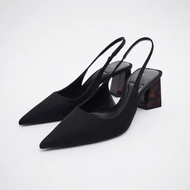 Korean 2025 ZARAˉ Dtm2025 Spring New Womens Shoes Black Back Trip With Thick Heel High Heels French 