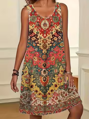 Ethnic-Style Women's Spaghetti-Strap Dress Summer Boho Beach Dress Casual Loose-Fitting Dress Women'