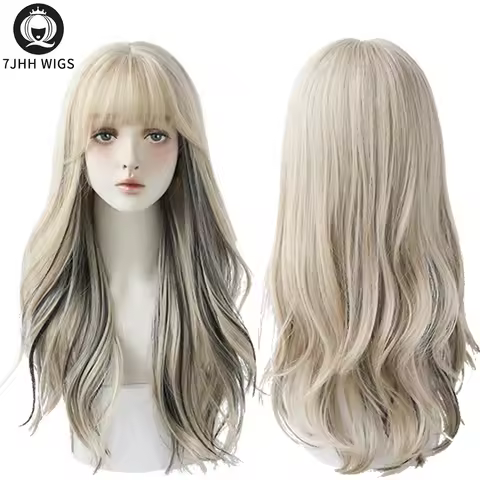 7JHH WIGS Long Wavy Curly Black Blonde Hair Highlights Synthetic Blend Wigs With Fluffy Bangs For Wo