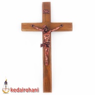 KAYU Corpus Hanging Teak Wood Wall Cross Statue of Jesus Inri Fiberglass 35 cm