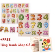 Set of 2 Wooden Knob Boards for Intellectual Development - Letter and Number Puzzles with 3D Wooden 