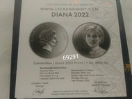 全球限量555枚~2022黛安娜精鑄銀幣一盎司，公主銀幣，銀幣，黛安娜銀幣，王妃銀幣，限量銀幣，銀幣，收藏錢幣，錢幣，紀念幣，幣~黛安娜王妃純銀銀幣