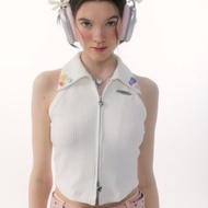 ziziFei春夏季美式復古設計感外穿拉鏈無袖上衣polo領針織背心女