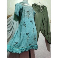 INDIAN CLOTHES/ KURTI SHORT SLEEVE SET/ TOSCA COLOR WITH PEARLS