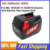 18V 3000mAh 18650 Battery for MIL 18VC48-11-1830V18 Electric Drill Electric Saw Impact Drill Recharg
