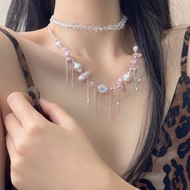 Cherry Blossom Pink Water Drop Tassel Necklace Girls Light Luxury Niche 2024 New Style Hot-selling Crystal Clavicle Chain choker Neck Girls Necklace iu Cute Jewelry Wear Matching Gifts Jewelry