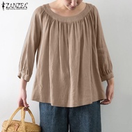 ZANZEA เสื้อลำลองสตรีคอกลมมีจีบแขนตะเกียงฤดูร้อนเสื้อชายหาดหลวม #15