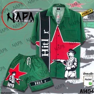 เสื้อฮาวาย ดาวแดงพื้นเขียวเข้ม A1494 ผ้าไหมอิตาลีแท้